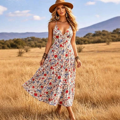 Floral Print Sleeveless V-Neck Smocked Waist Flowy Midi Dress