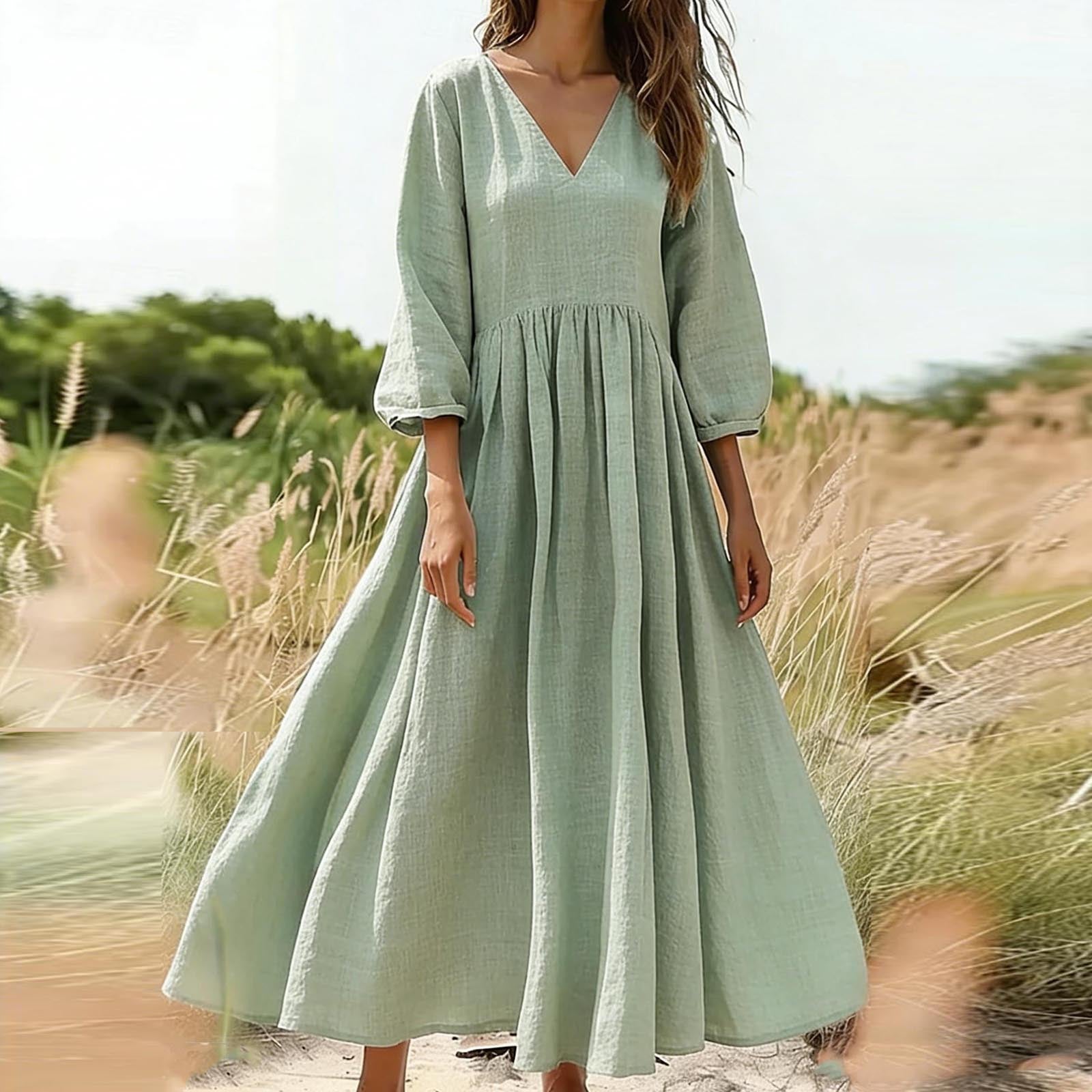 V-Neck Pleated Flowy Midi Dress