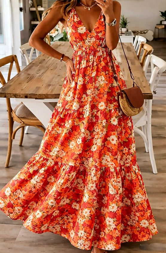 Floral Print Sleeveless Round Neck Smocked Waist Midi Dress