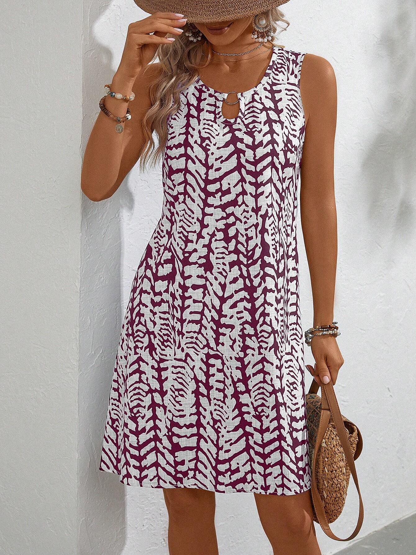 U-Neck Floral Print Sleeveless Dress with Ring Detail