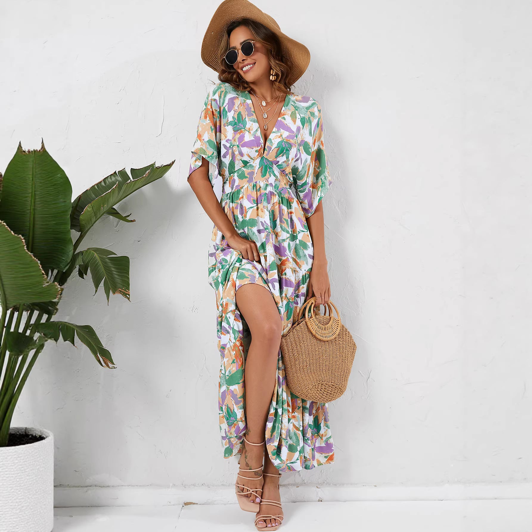 Floral Print Sleeveless Round Neck Smocked Waist Maxi Dress