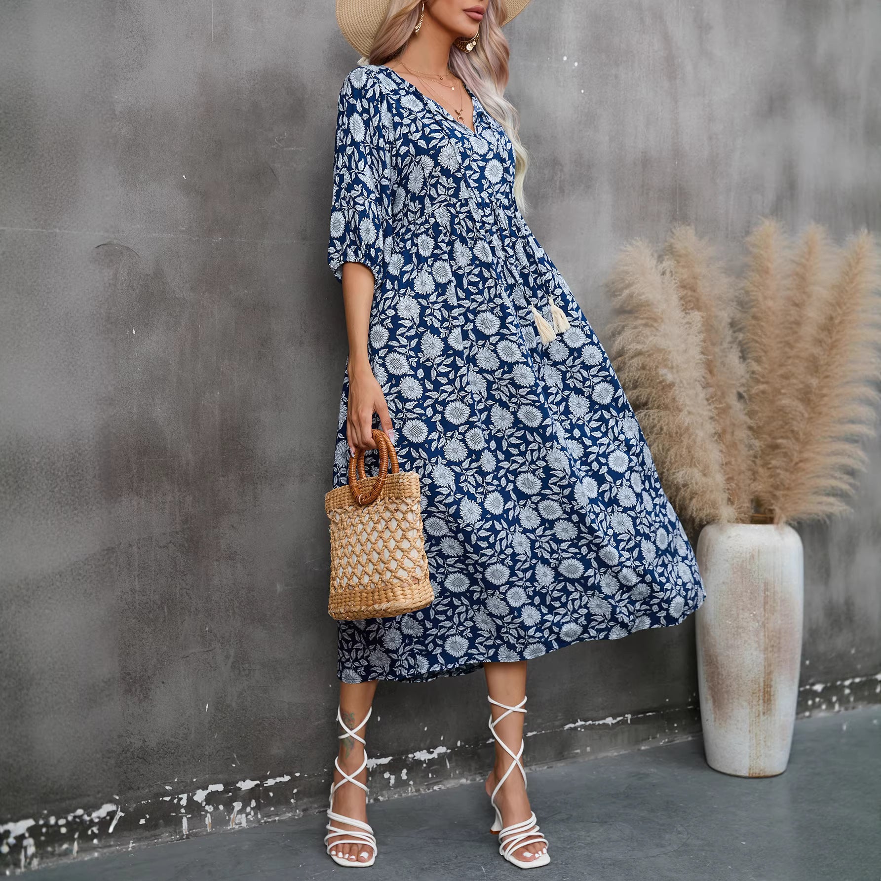 Floral Print Sleeveless V-Neck Wrap Midi Dress