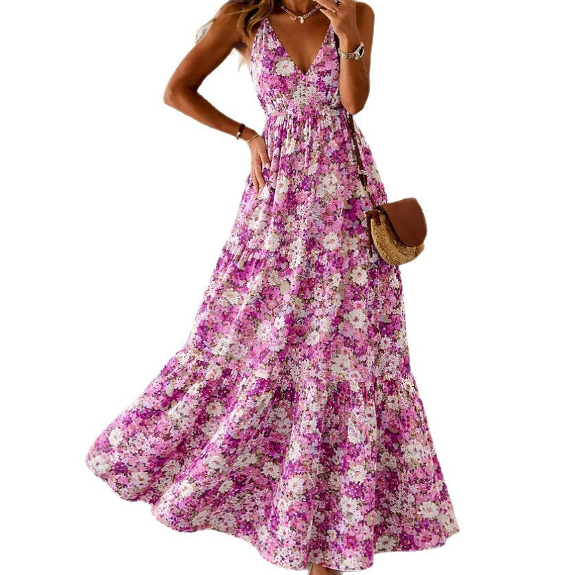 Floral Print Sleeveless Round Neck Smocked Waist Midi Dress