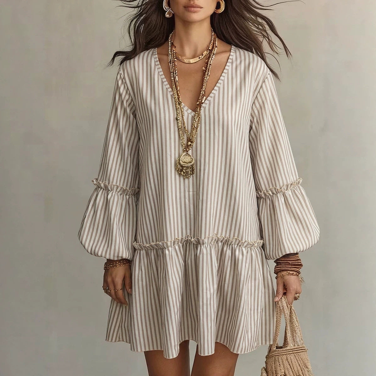 Stripe Print V-Neck Lantern Sleeve A-Line Mini Dress