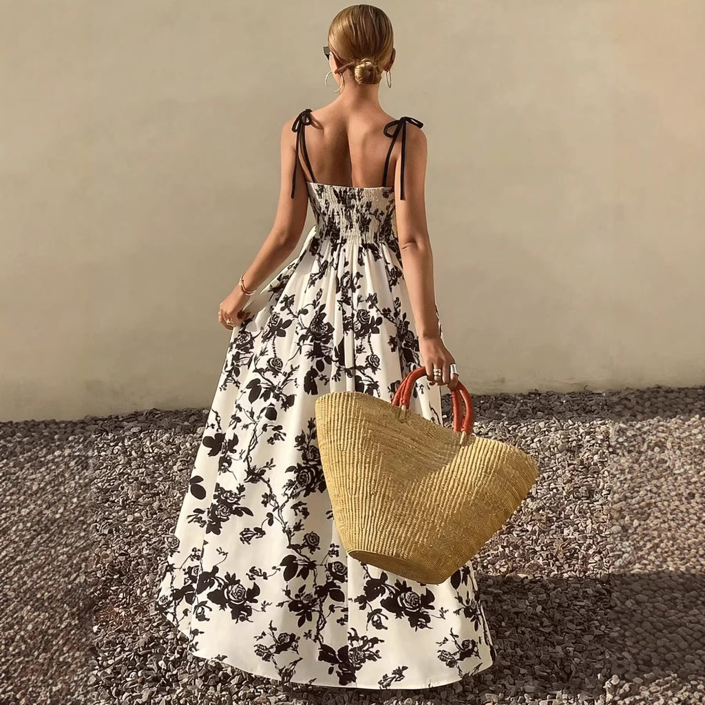 Floral Print Sleeveless Square Neck Smocked Waist Maxi Dress