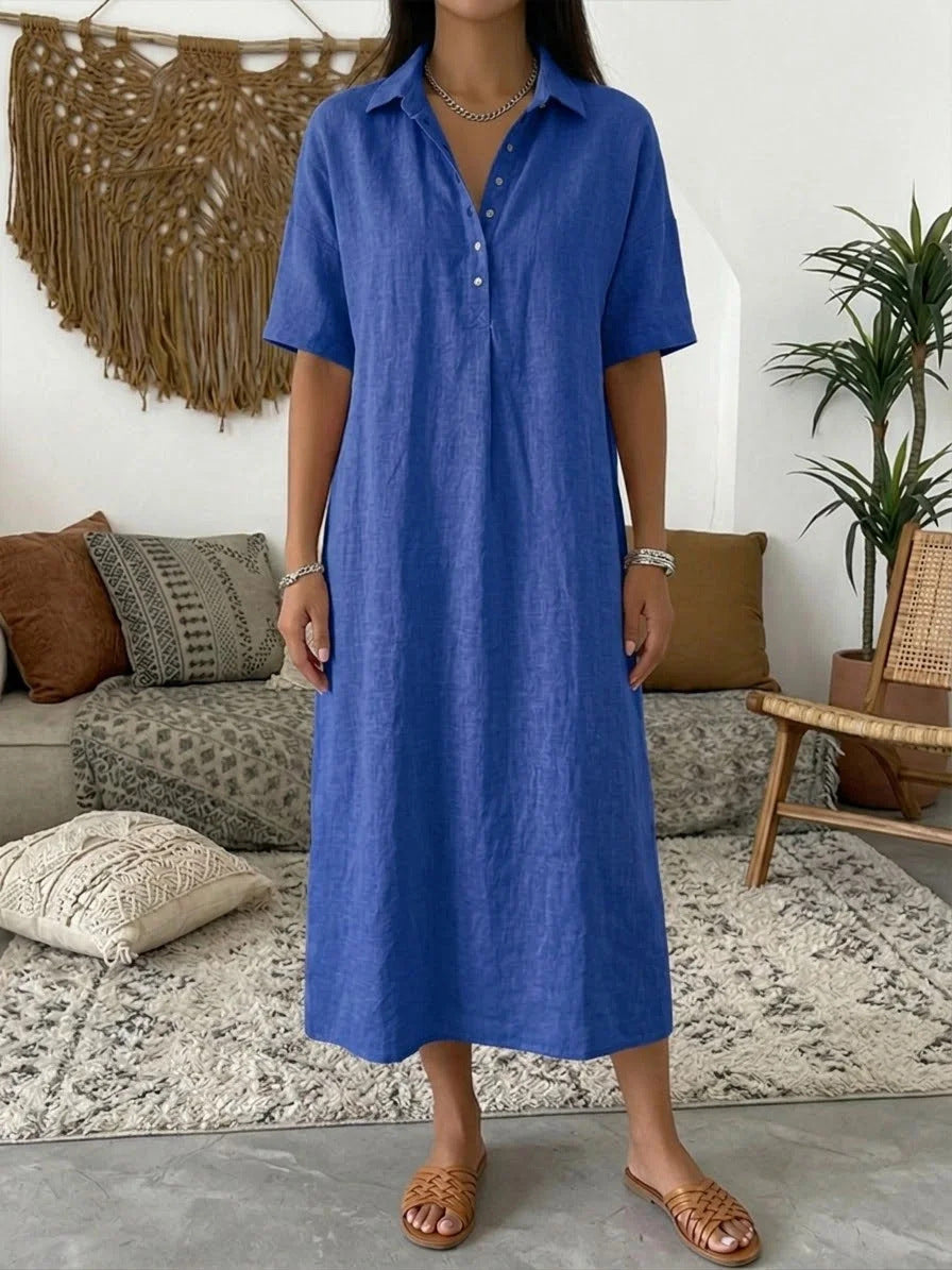 Casual Straight Fit Linen Short Sleeve Polo Neck Dress