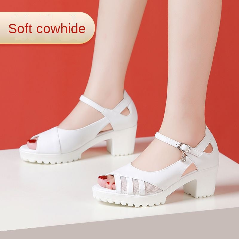 One-Strap Genuine Leather Chunky Heel Platform Sandals