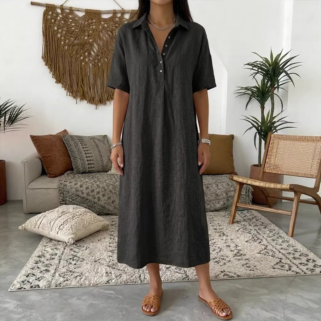 Casual Straight Fit Linen Short Sleeve Polo Neck Dress