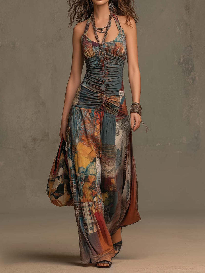 Französischer Ölgemälde-Print schulterfreier Sommer-Jumpsuit