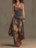 Französischer Ölgemälde-Print schulterfreier Sommer-Jumpsuit