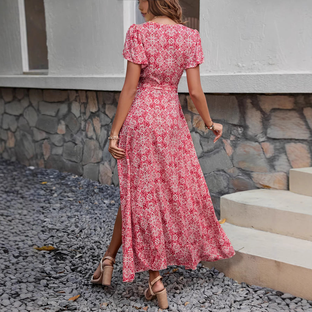 Floral Print Sleeveless V-Neck Smocked Waist Tiered Maxi Dress