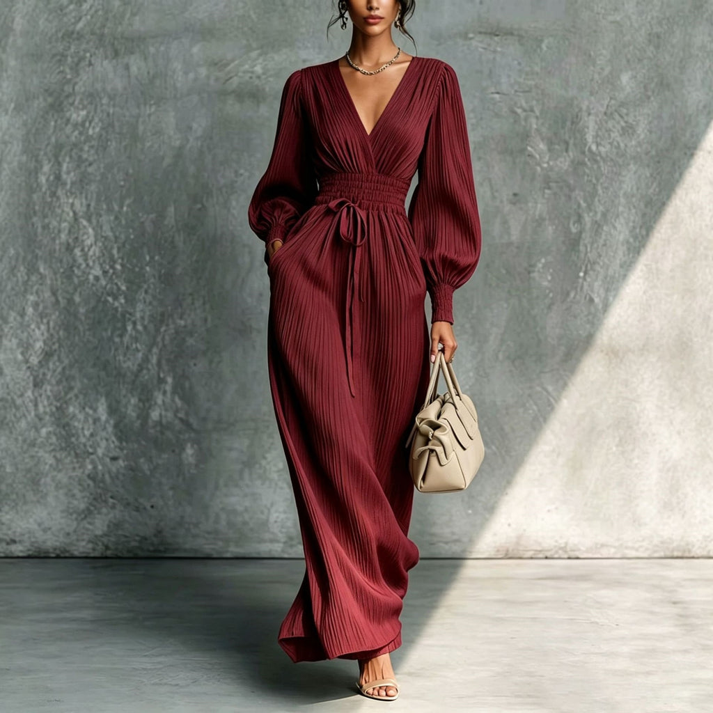 Solid Colour Casual Waist-Cinched Long Sleeve Dress