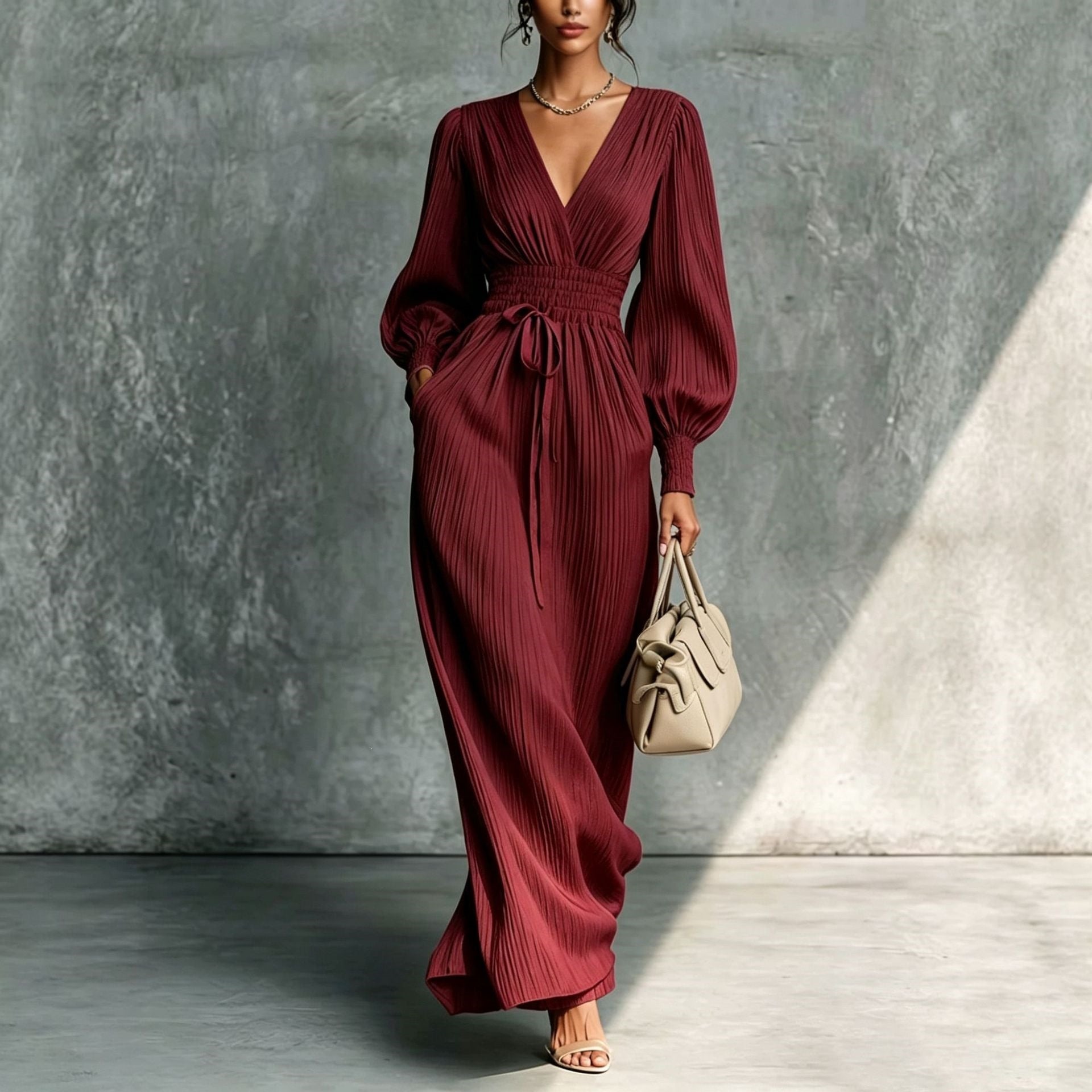 Solid Colour Casual Waist-Cinched Long Sleeve Dress