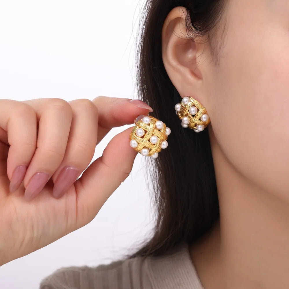 Shell Pearl & Copper Stud Earrings