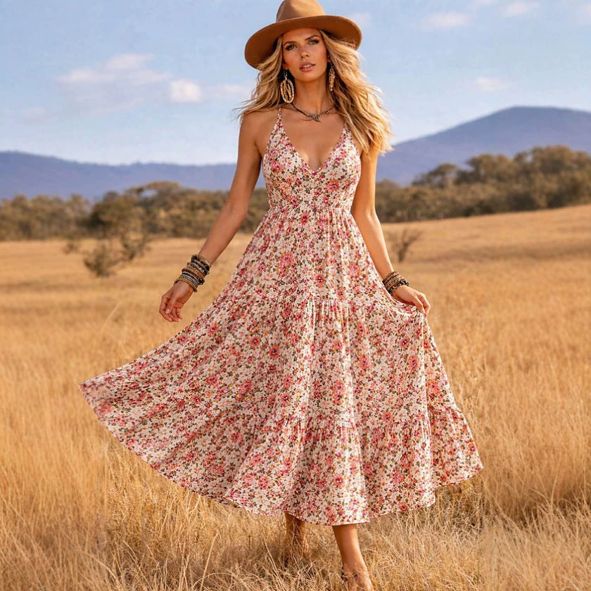 Floral Print Sleeveless V-Neck Smocked Waist Flowy Midi Dress
