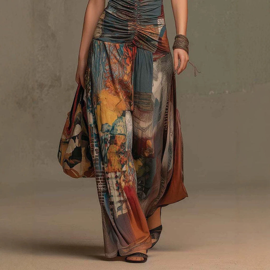 Französischer Ölgemälde-Print schulterfreier Sommer-Jumpsuit