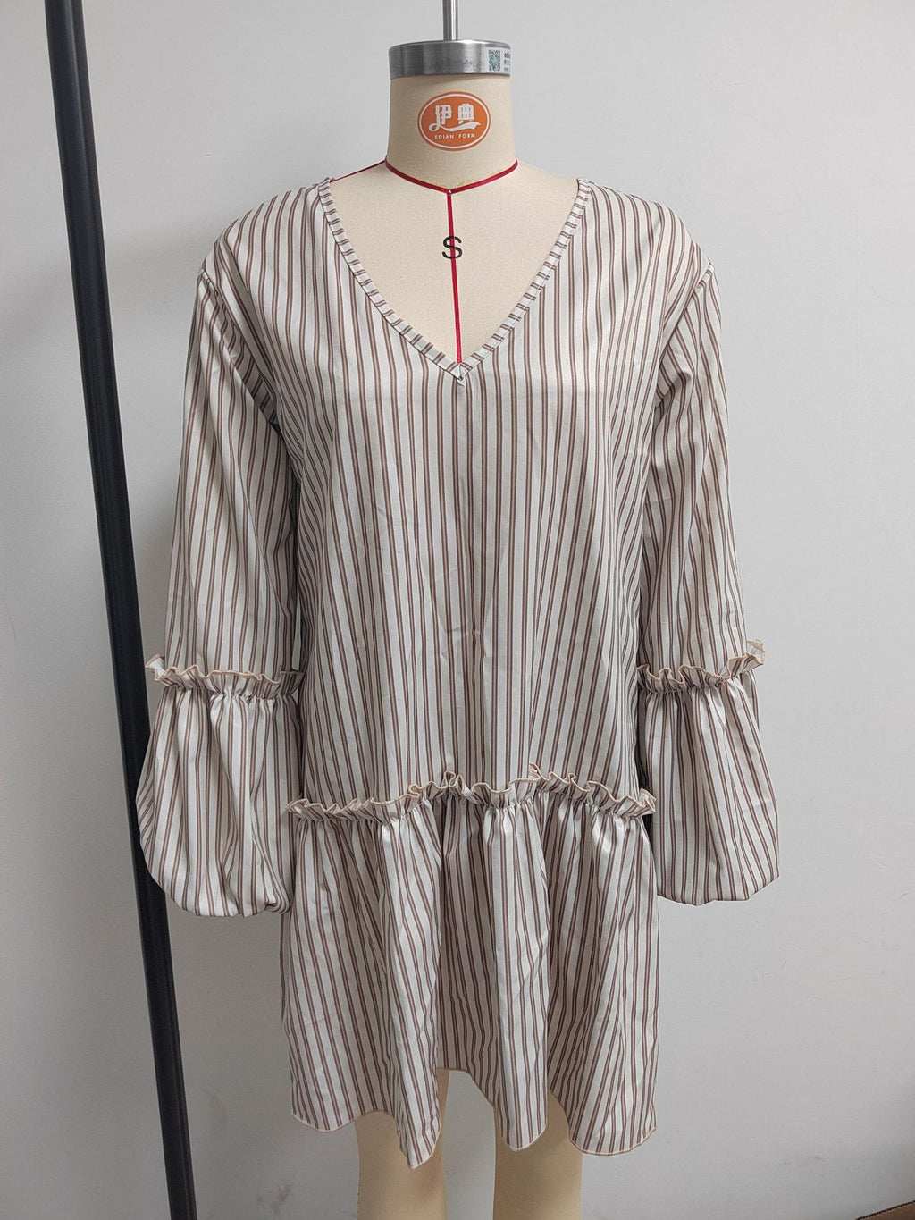 Stripe Print V-Neck Lantern Sleeve A-Line Mini Dress