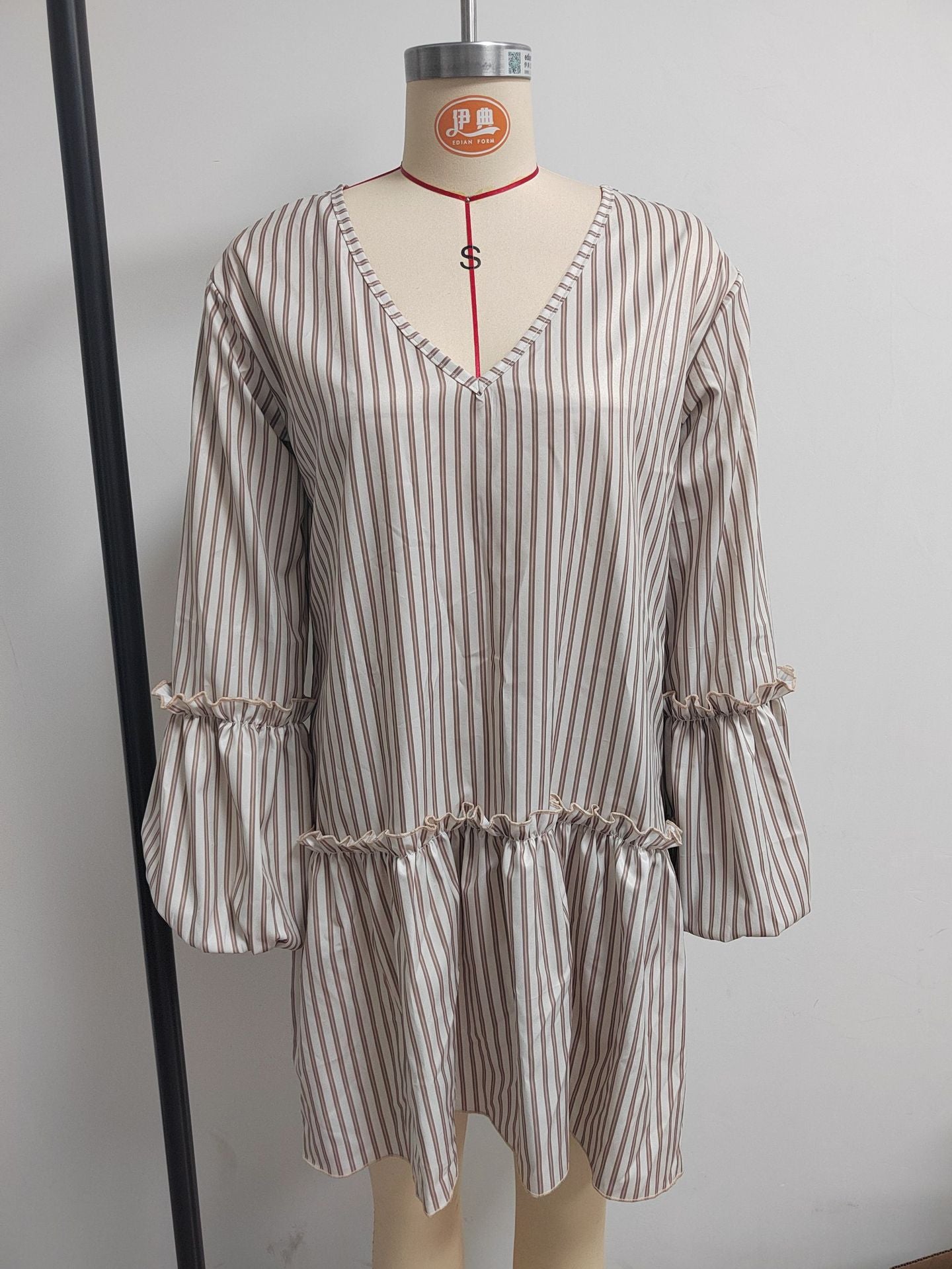 Stripe Print V-Neck Lantern Sleeve A-Line Mini Dress