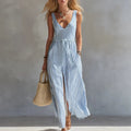 Blue Striped High-Waist Tie-Up Side Split Beach Dress