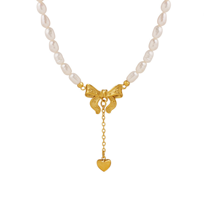 Freshwater Pearl Heart Necklace in Titanium Steel