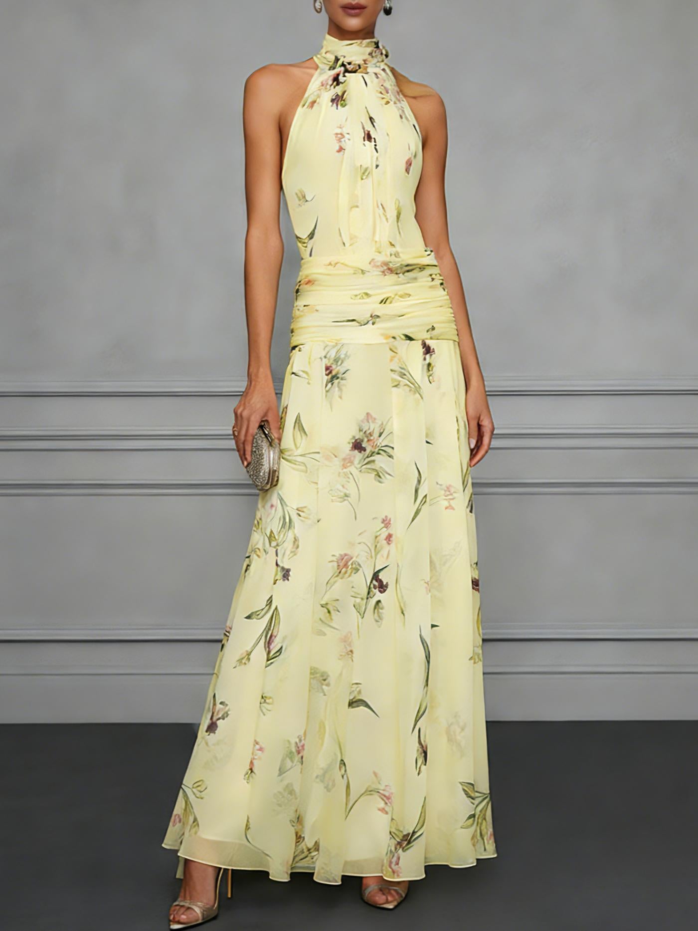 Printed Halter Neck Fitted Maxi Dress