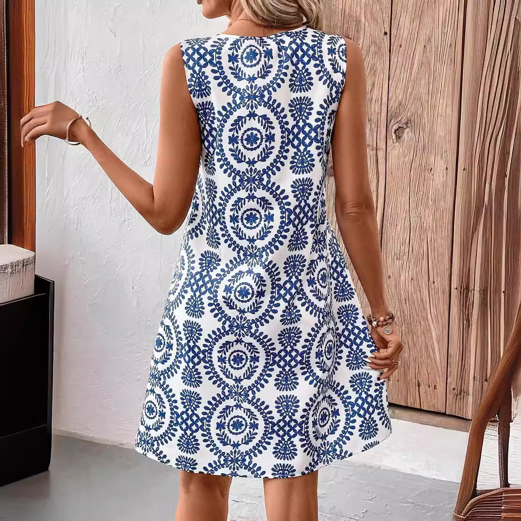 U-Neck Floral Print Sleeveless Dress with Ring Detail