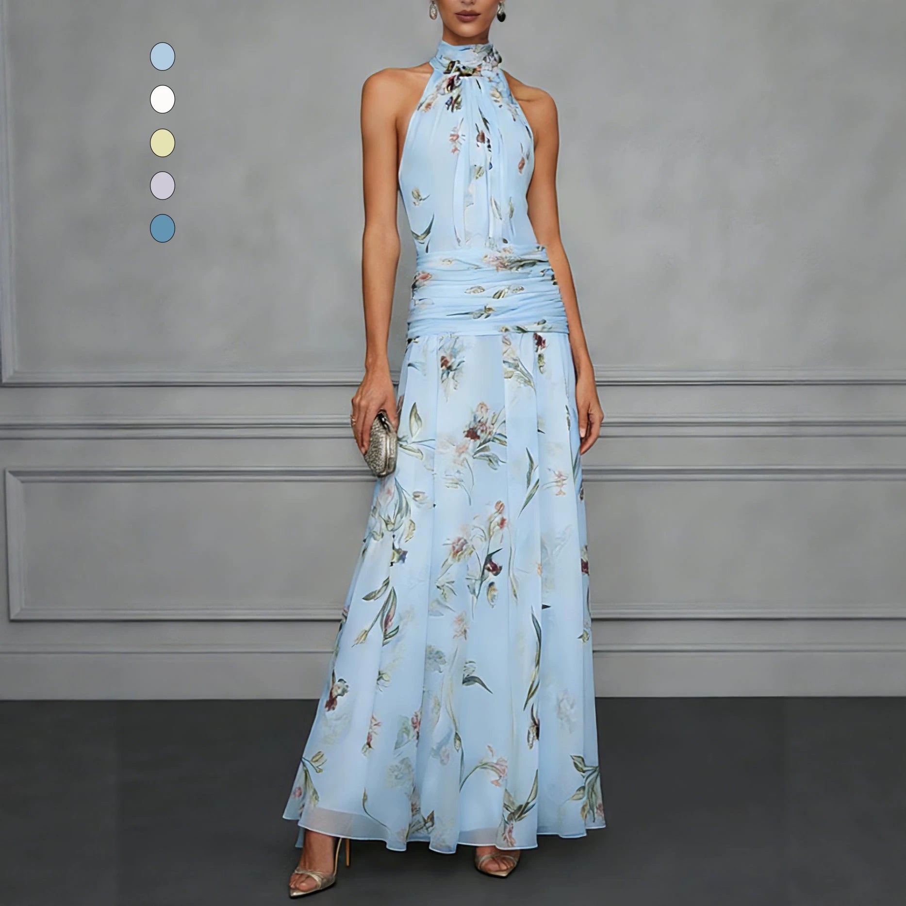Printed Halter Neck Fitted Maxi Dress
