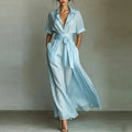 Wide Collar Three-Quarter Sleeve Waist-Defining Maxi Dress
