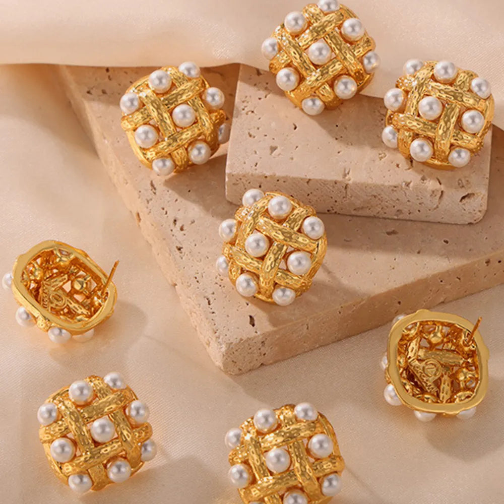 Shell Pearl & Copper Stud Earrings