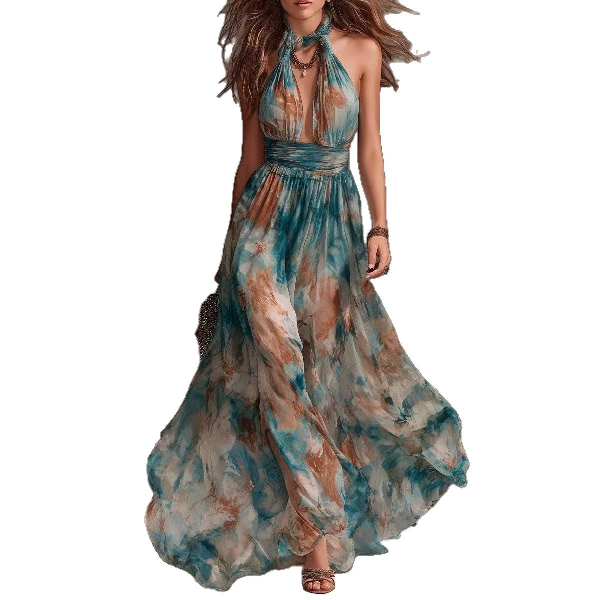 Halter Neck Backless Ink Print Vacation Maxi Dress
