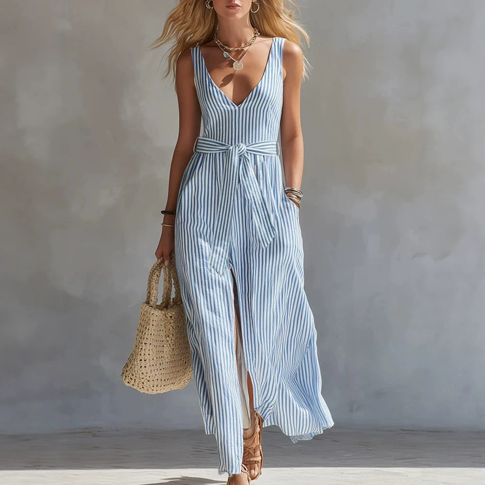 Blue Striped High-Waist Tie-Up Side Split Beach Dress