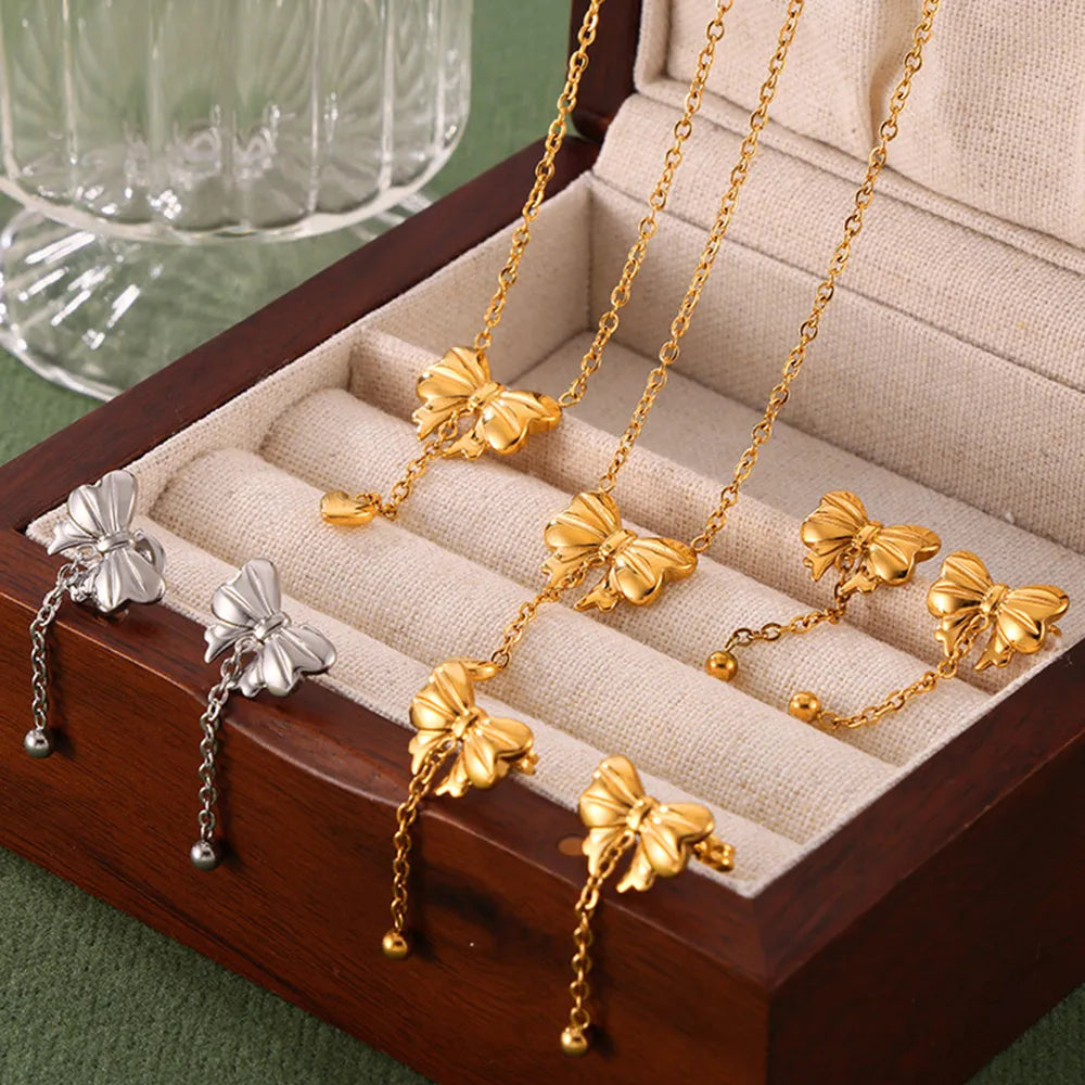 Gold Plated Bow Pendant Necklace in Titanium Steel