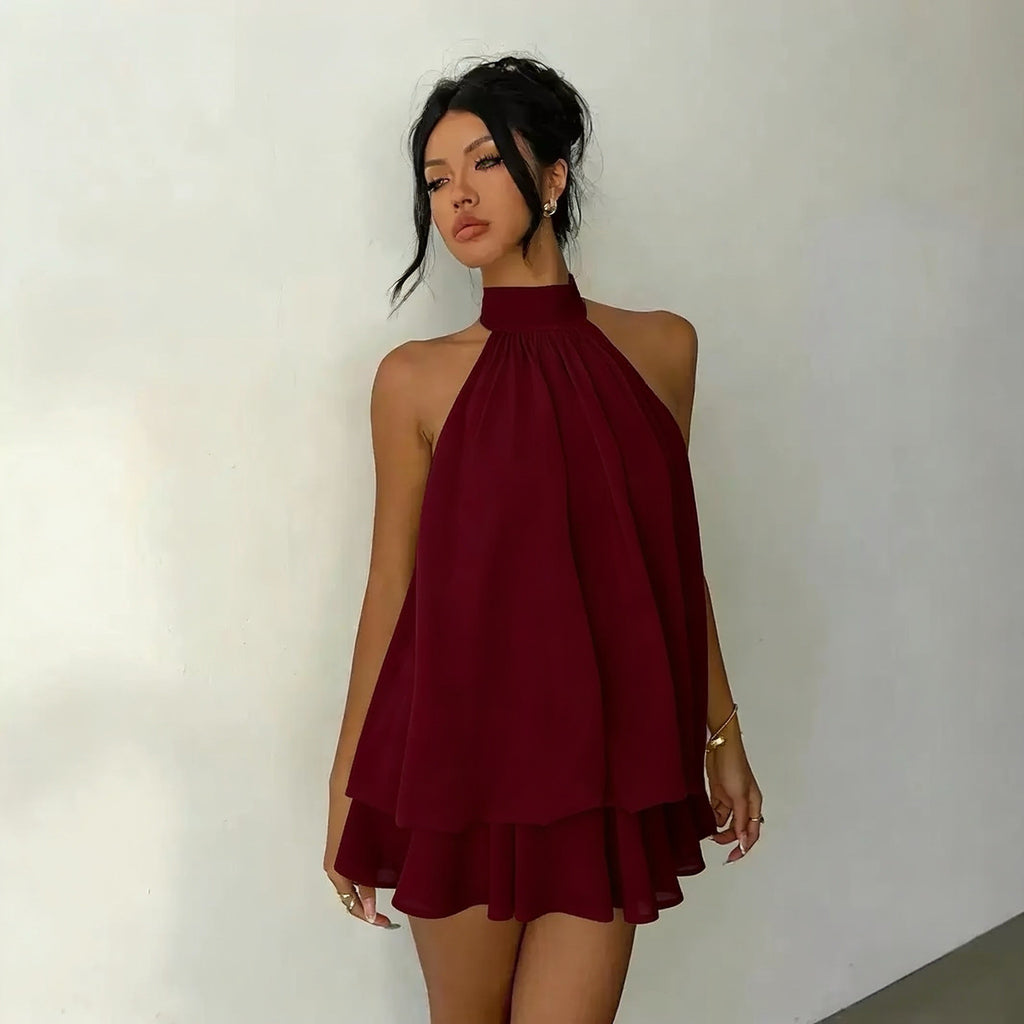 High-Waist Halter Neck Backless A-Line Short Dress