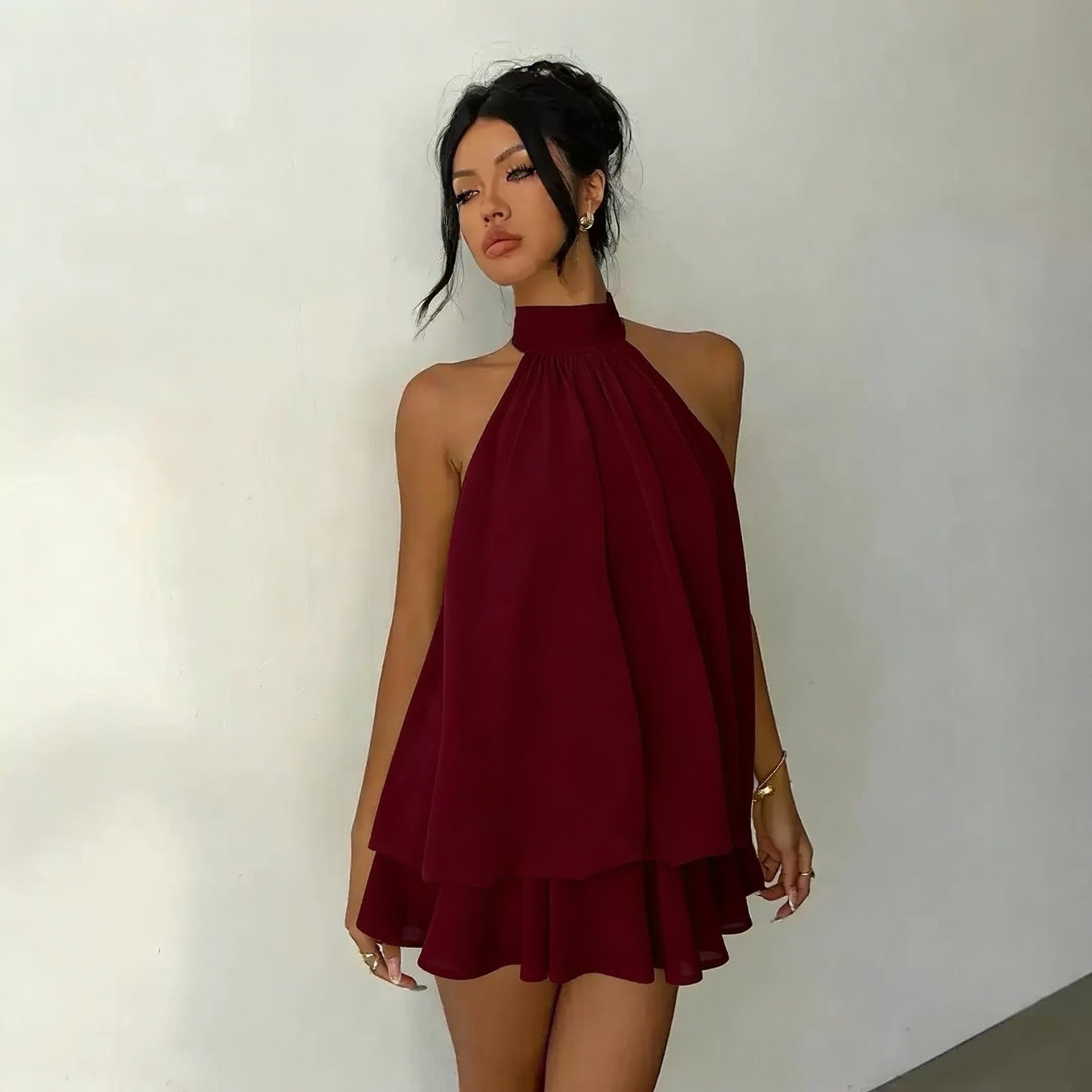 High-Waist Halter Neck Backless A-Line Short Dress
