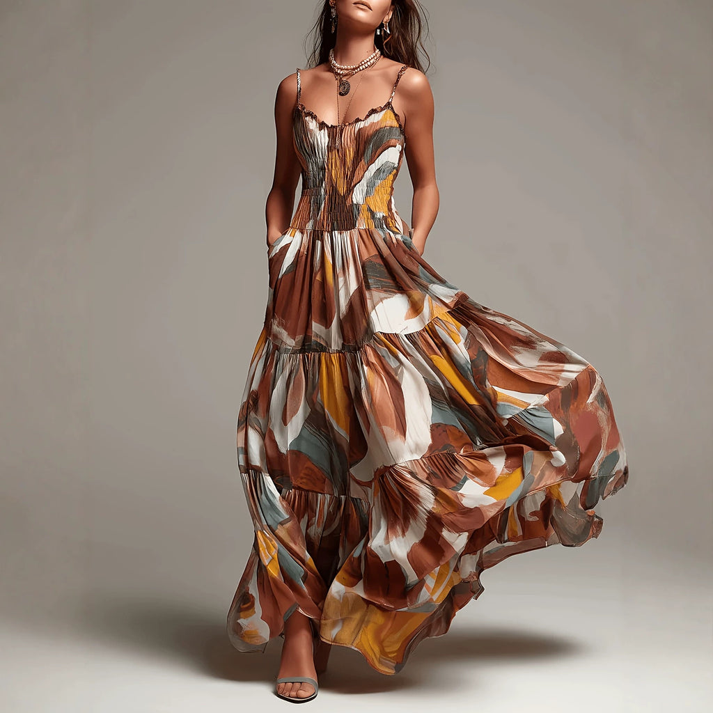Geometric Print Pleated Waist Maxi Dress with Pockets