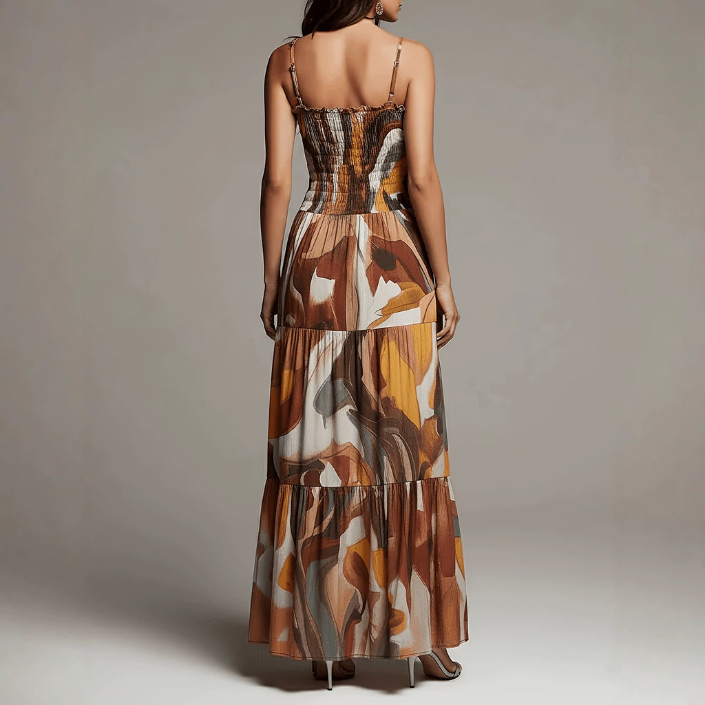 Geometric Print Pleated Waist Maxi Dress with Pockets