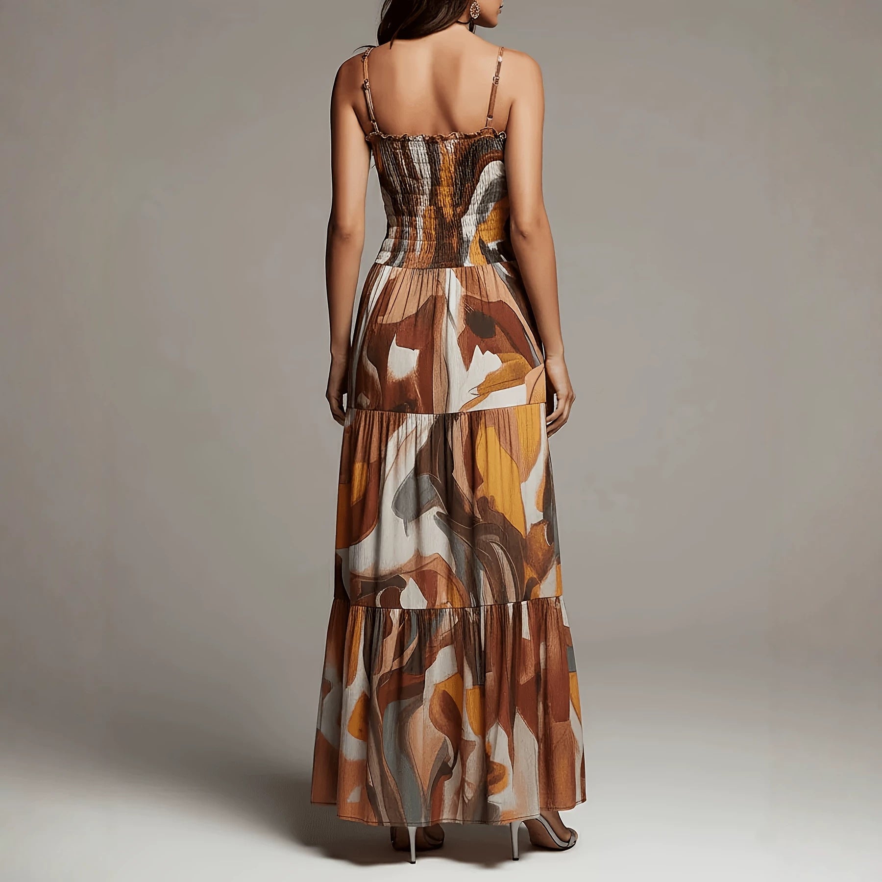 Geometric Print Pleated Waist Maxi Dress with Pockets