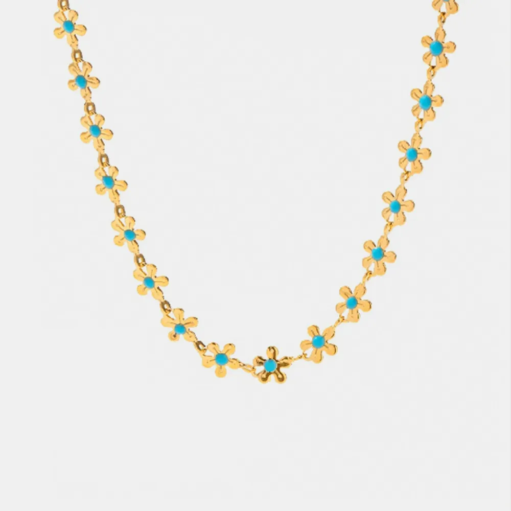 Blue Enamel Flower Necklace in Titanium Steel