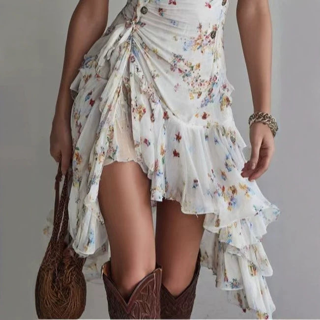 Vestido midi cruzado con estampado floral, lazo en la cintura, cuello en V y manga corta