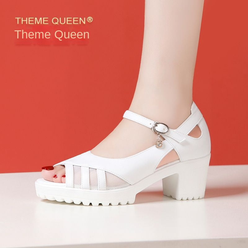 One-Strap Genuine Leather Chunky Heel Platform Sandals