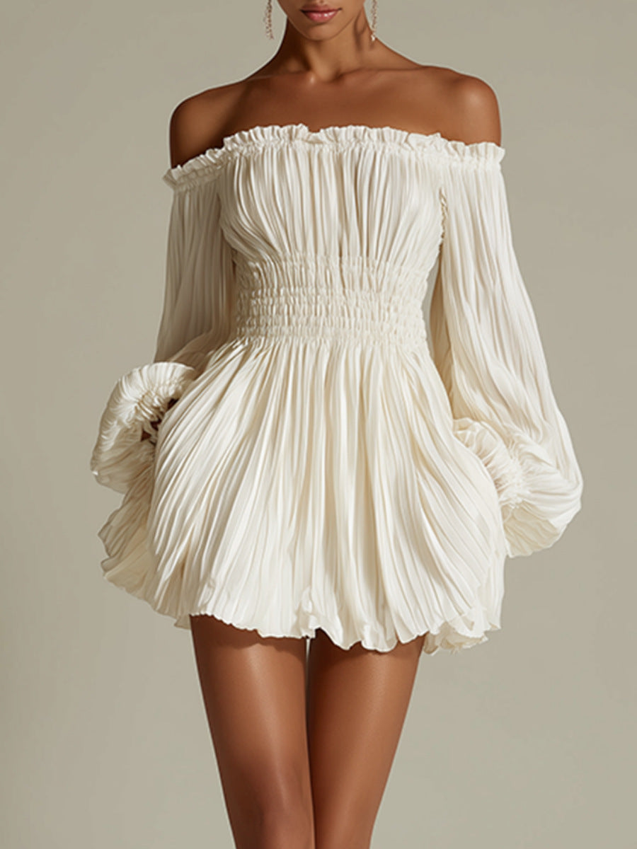 Elegant One-Shoulder Pleated Fitted Long Sleeve Dress