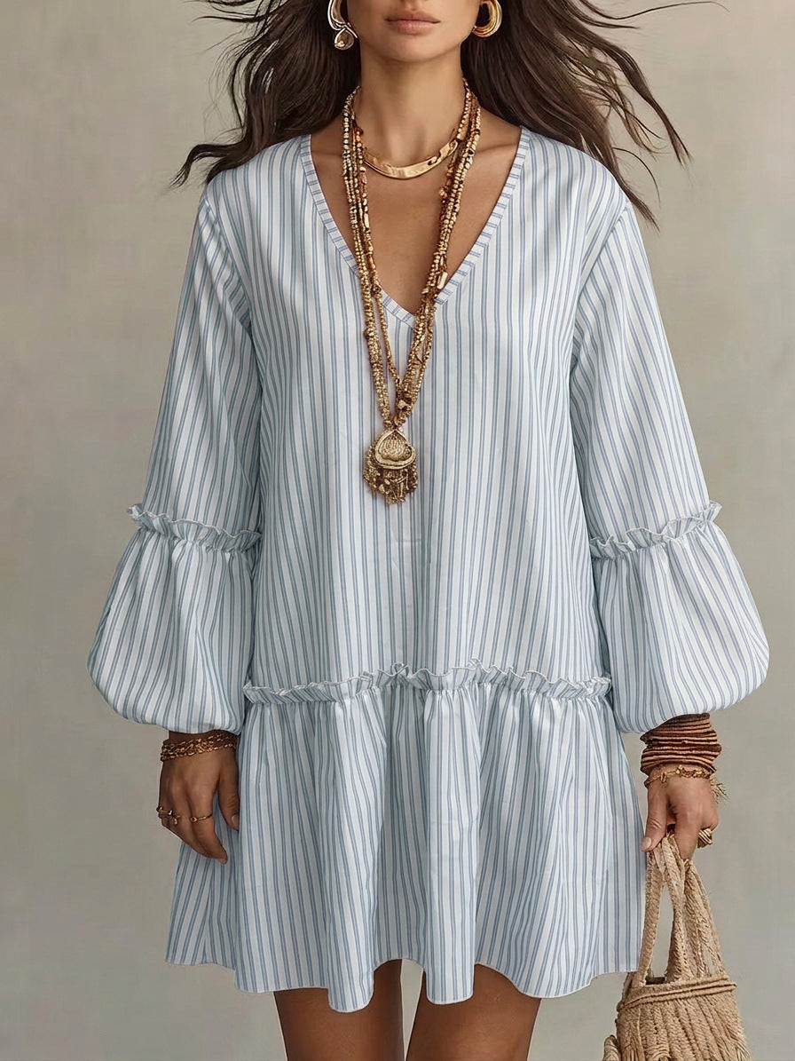 Stripe Print V-Neck Lantern Sleeve A-Line Mini Dress