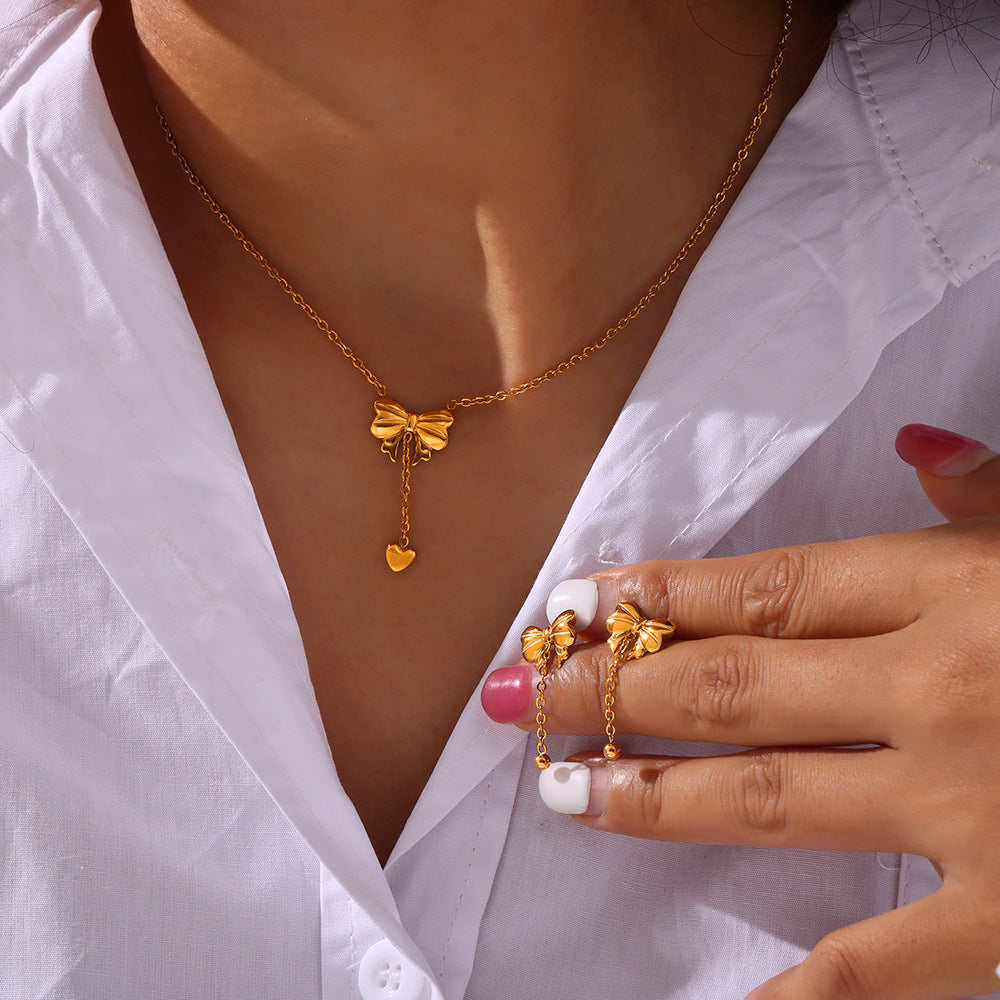 Gold Plated Bow Pendant Necklace in Titanium Steel