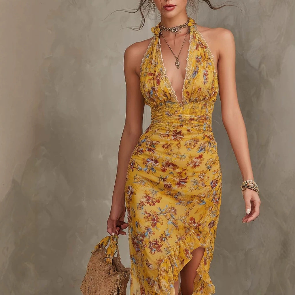 Vestido halter amarillo vintage francés con estampado floral, escote pronunciado y volantes