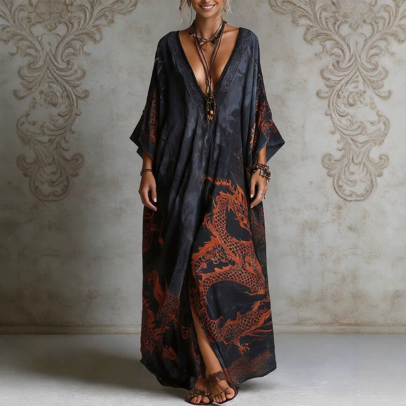 Printed Chiffon Ruffle Hem Sleeveless Maxi Dress