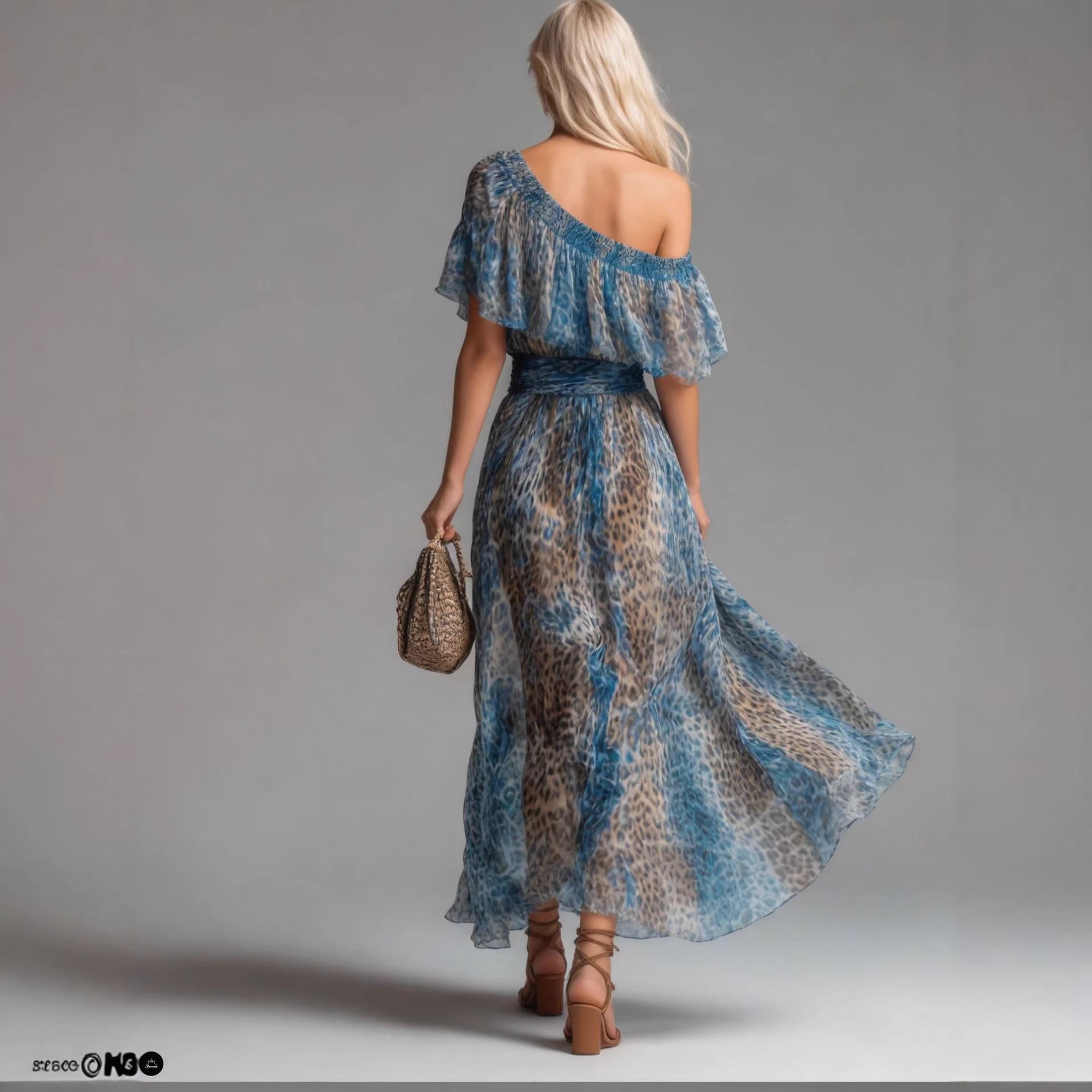 Leopard Print Asymmetric Shoulder Ruffle Maxi Dress