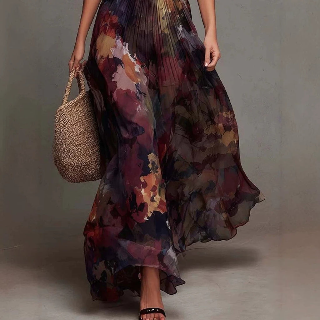 Deep V-Neck Painted Print Fitted Waist Flowy Chiffon Maxi Dress