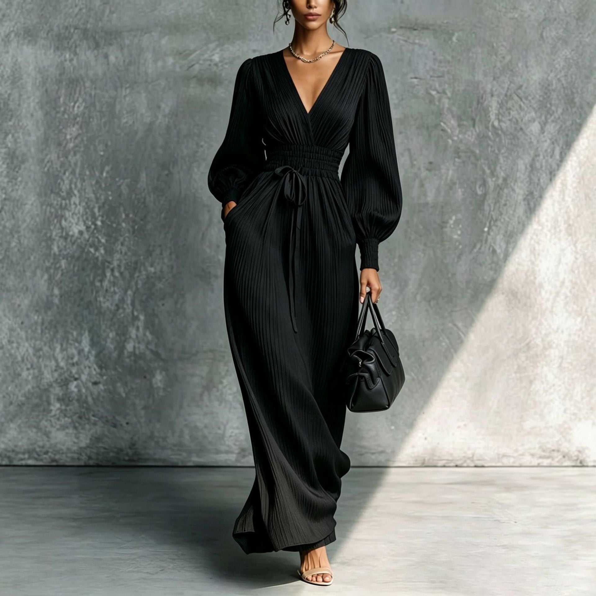 Solid Colour Casual Waist-Cinched Long Sleeve Dress