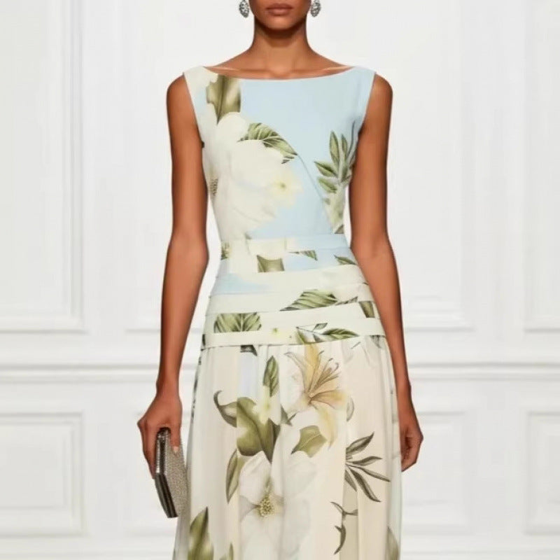 Floral High-Waist Backless Sleeveless Maxi Dress