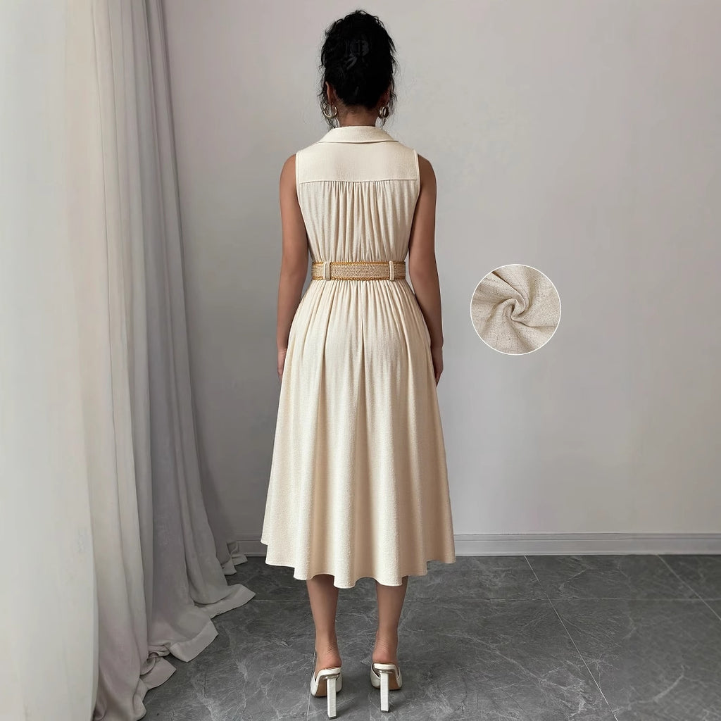 V-Neck Sleeveless Waistband A-Line Shirt Dress